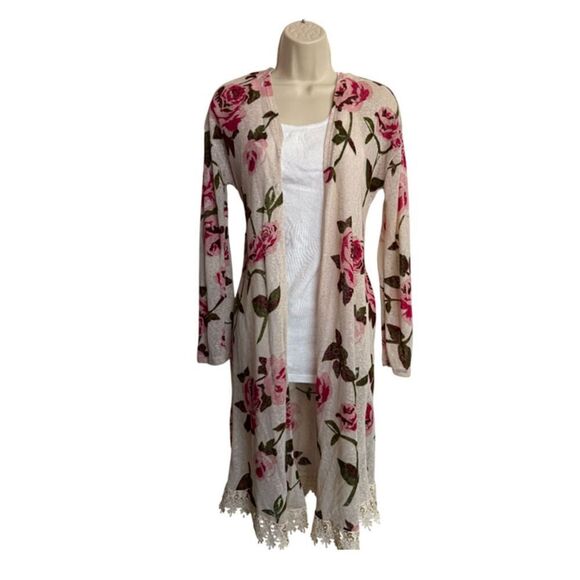 Freshman Beige & Pink Floral & Lace Trim Duster Cardigan Sweater Size M - Picture 3 of 10